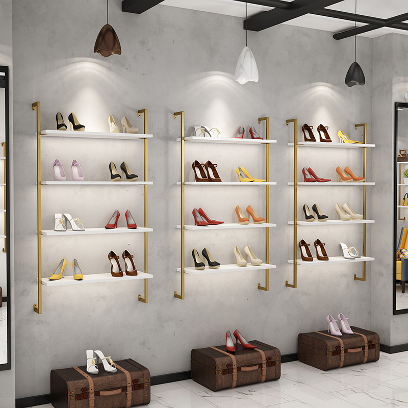 Shoe store shoe rack upper wall display rack Clothing store background