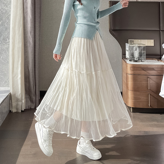 Awakening Paradise Spring New Retro Loose High Waist Slim Long A-Line Fairy Cake Skirt Mesh Skirt
