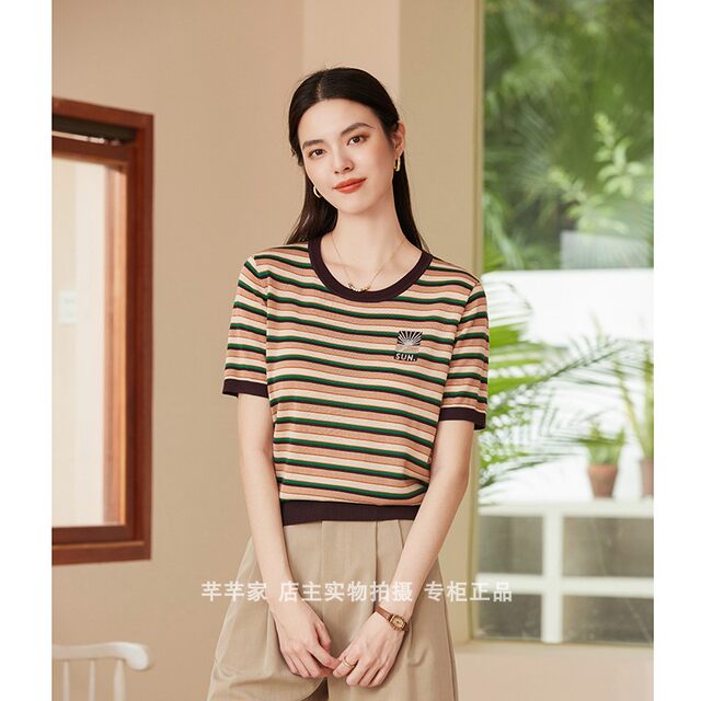 Yin'er Y8177 Tencel sweater 2024 summer ໃຫມ່ຮອບຄໍຄໍສັ້ນແຂນສັ້ນ pullover slimming ແມ່ຍິງບາງເທິງ T