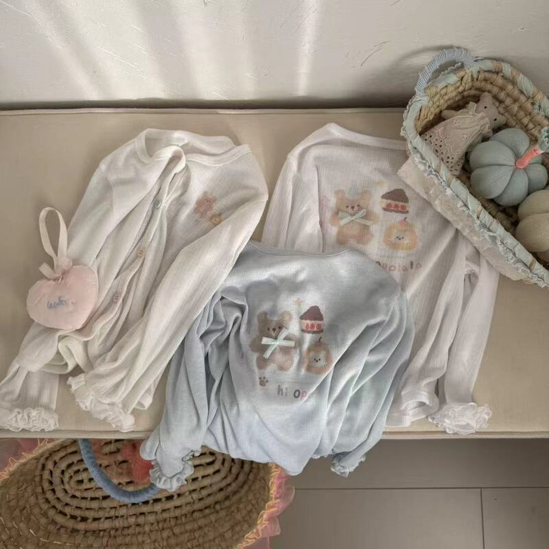 Opolala (in Stock) 26 Summer Girls' Bear Print Sun Protection Cardigan Ultra-Thin Ice Silk Air Conditioning Shirt 78115