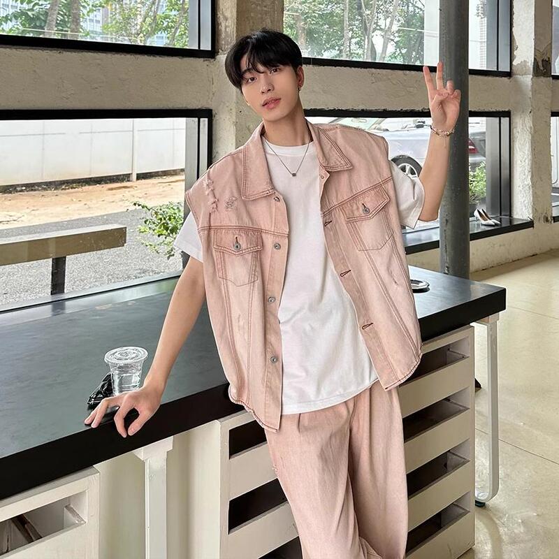 American Retro Washed Sleeveless Ripped Pink Denim Vest Set with Jeans, Unisex Lapel Layered Jacket Trendy