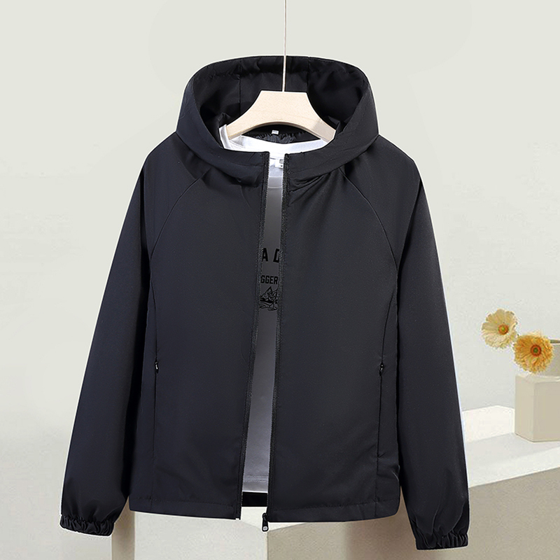 Petite Black Hooded Jacket for Women, New Spring and Autumn Short Style Windbreaker, Casual Slimming Windproof Jacket Top