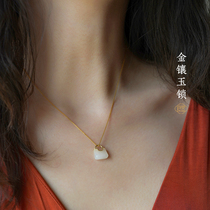 Good art natural Hetian jade pendant female white jade 18K gold inlaid jade neck decoration auspicious peace lock pendant