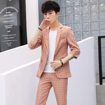 Mens small suit trend middle sleeve two-piece Korean plaid suit suit suit suit male personality seven-point sleeve single West top