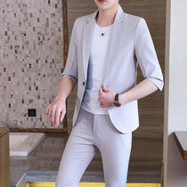 Summer mens mid-sleeve suit suit Korean version of trend handsome personality quarter sleeve small suit set of casual jacket