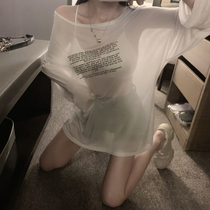 Very airy hollowed-out blouse foreign air loose fairy T-shirt with a perspective sexy long sleeve thin covered hooded sweatshirt
