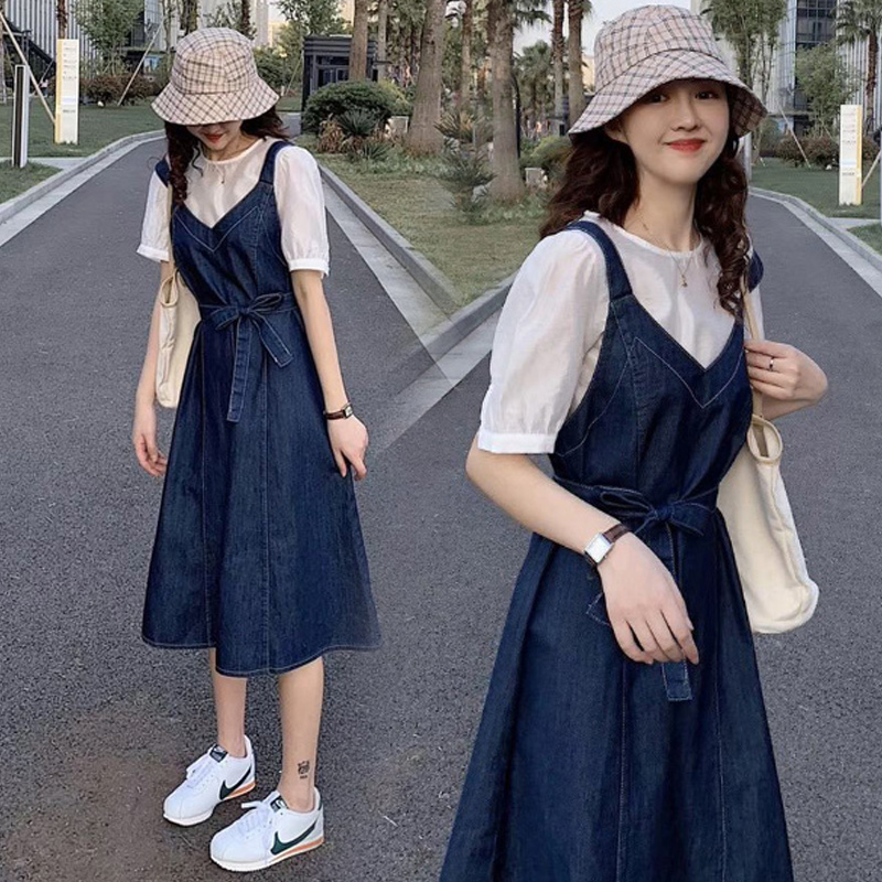 French niche retro cowboy strap dress female network red heben light wind closing waist reduction age two sets summer