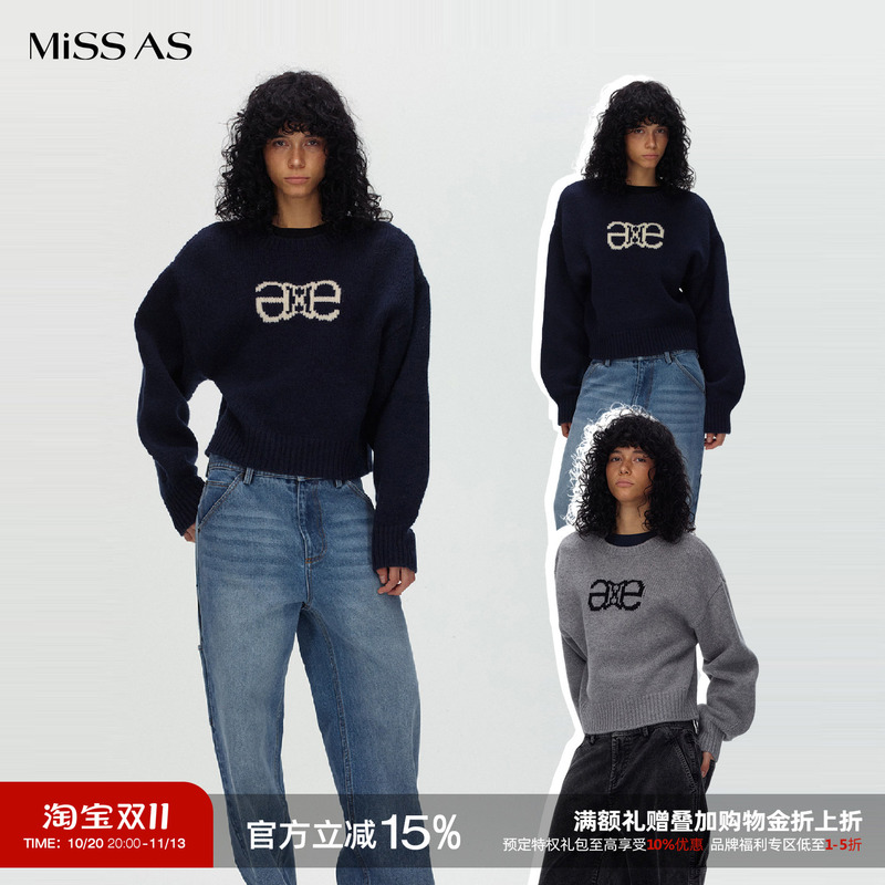 [in Stock] Echoade Drop-Shoulder Batwing Sleeve Style Logo Jacquard Crew Neck Sweater Knit Top Missas