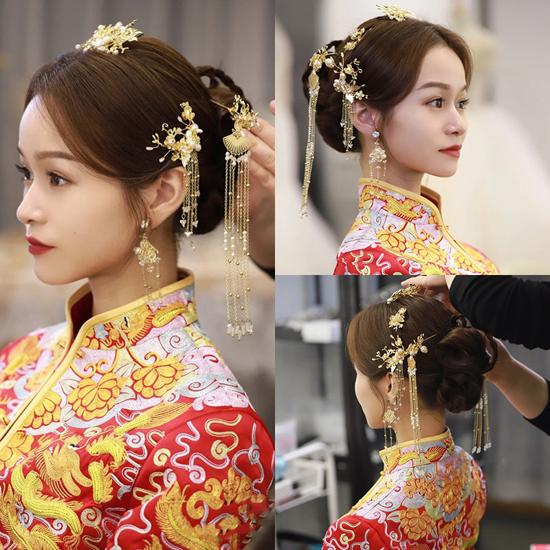 Chinese wedding Xiuhe dress headdress wedding stream Su step shake female toast clothes hair accessories