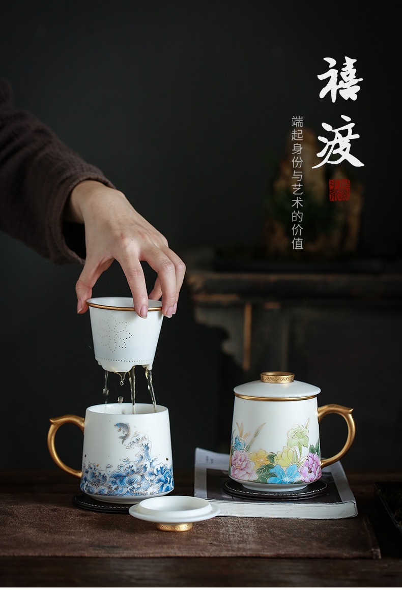 By dehua white porcelain cup By hand the see colour separation ceramic tea office cup with cover filter tea cup