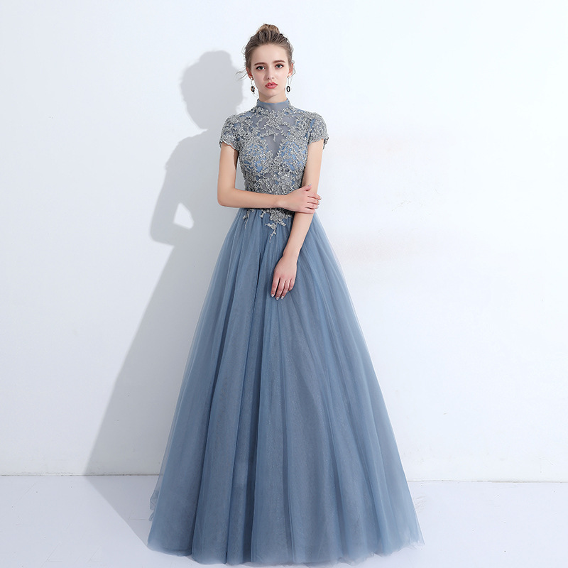 Blue Evening Dress 2026 New Slim-Fit Lace Long Dress for Banquet Host Performance Student Graduation Dress