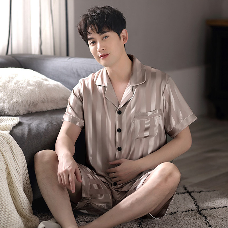 Pajamas men's summer ice silk 2021 new short-sleeved shorts men's real silk summer thin section large size home clothes