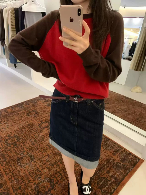 Emoni2026 Autumn and Winter New High-Quality Lazy Style Loose Slimming Color-Blocked Knit Sweater Base Shirt Top Emoni2026 Autumn and Winter New High-Quality Lazy Style Loose Slimming Color-Blocked Knit Sweater Base Shirt Top