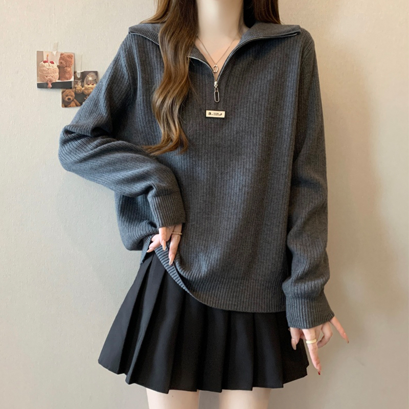 Plus Size Women's Clothing, Belly-Covering Half-Zip Sweater, Knitted Top for Women, Autumn and Winter, Loose Fit, Slimming Long-Sleeve Base Shirt for Chubby Girls