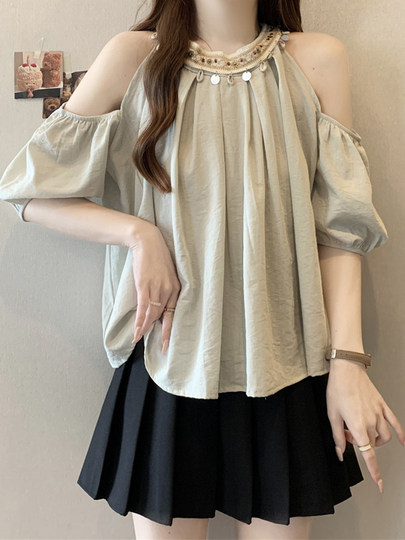 Plus Size Women's Clothing with Tummy-Covering Design, Beaded Collar, Off-Shoulder Shirt for Women, Summer Loose and Slimming Chiffon Shirt for Chubby Girls