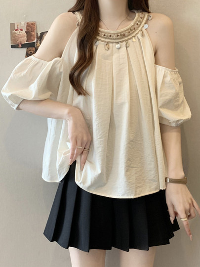 Plus Size Women's Clothing with Tummy-Covering Design, Beaded Collar, Off-Shoulder Shirt for Women, Summer Loose and Slimming Chiffon Shirt for Chubby Girls