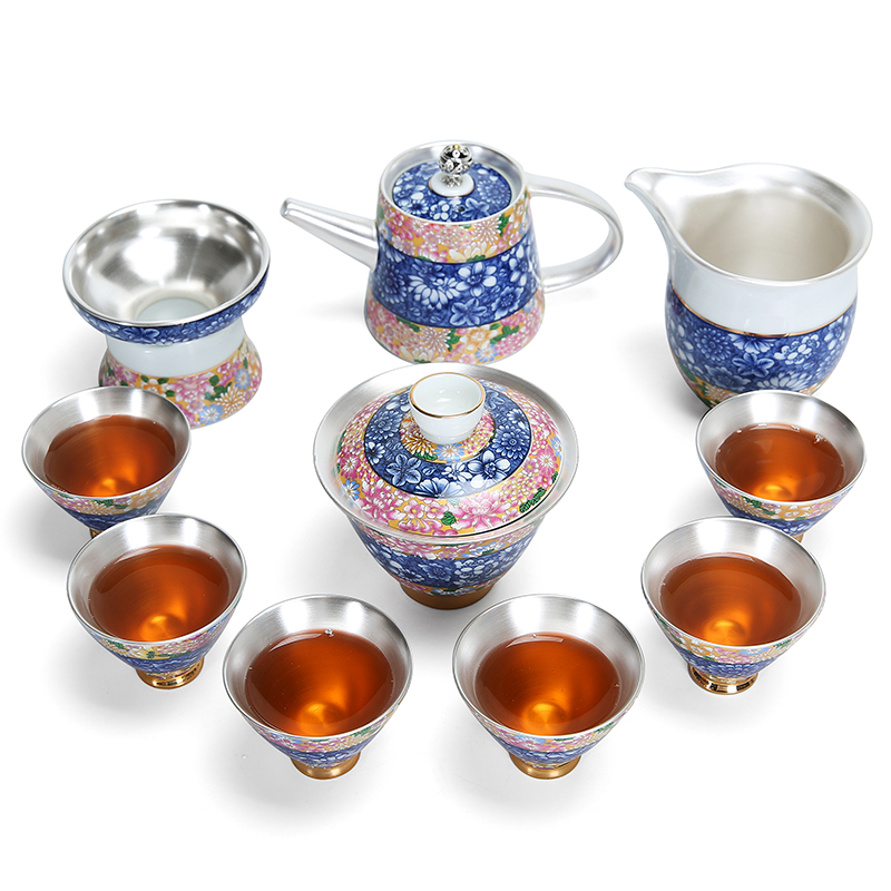 Blue and white porcelain tea set home tasted silver gilding kung fu tea sets suit household teapot teacup contracted gift box