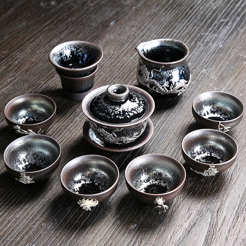 Jianyang iron tire building light tea oil drops of kung fu suit home ceramic tea set contracted tureen teapot tea cups