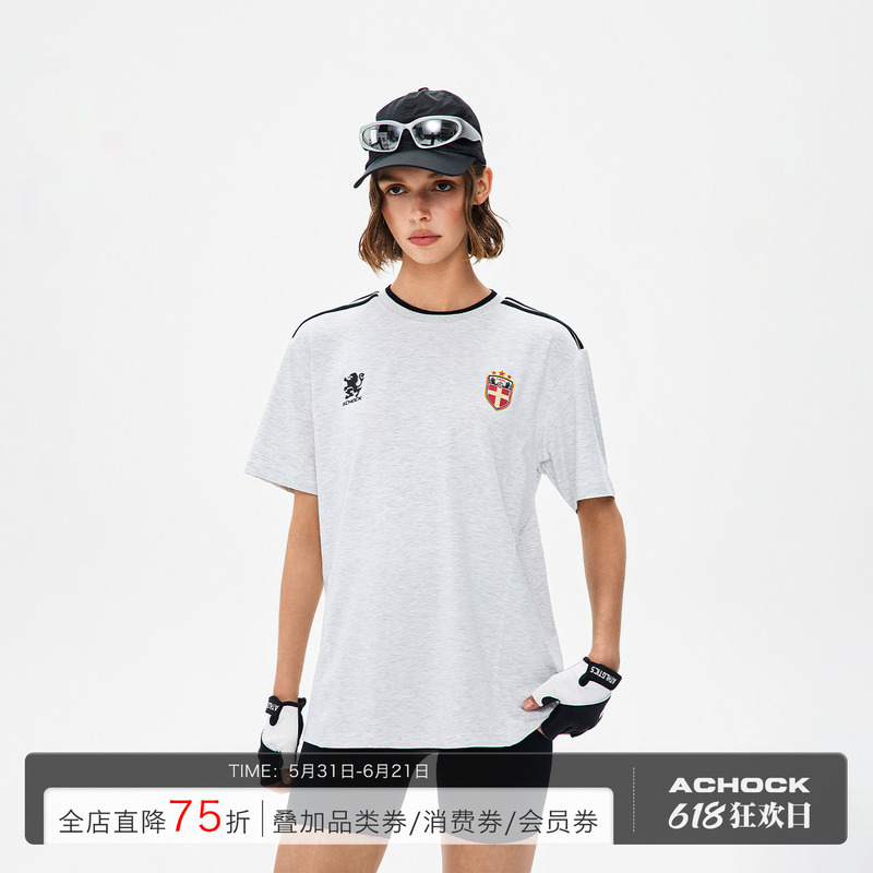 Achock Sports Outdoor Sports Color-Blocked Webbing Badge Printed Round Neck T-Shirt 26 Summer New Breathable Short-Sleeved