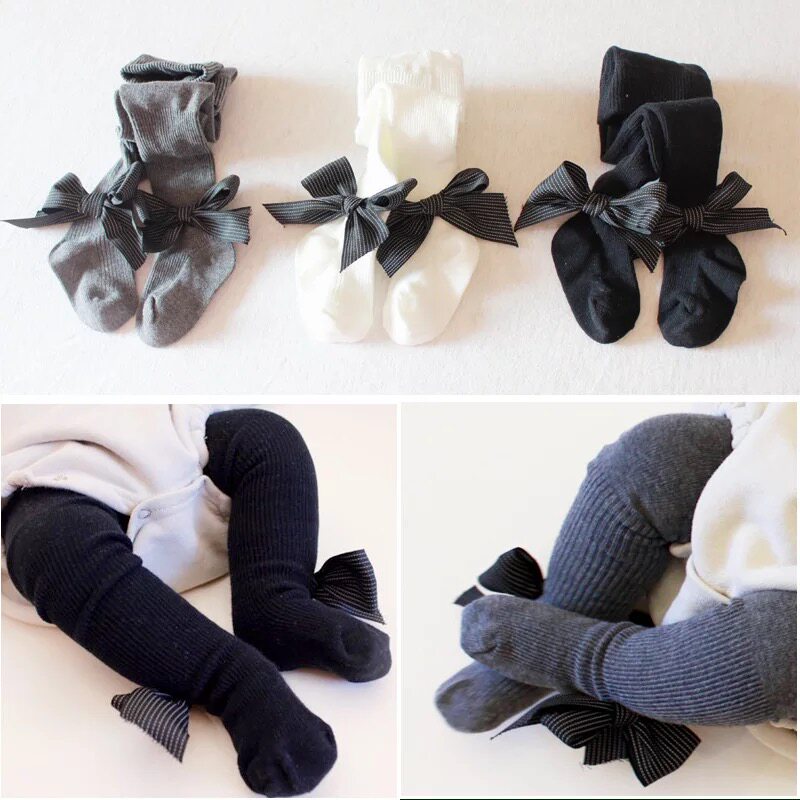 ins Korean version of the bow combed cotton baby children's pantyhose baby vertical strip girls bottoming socks