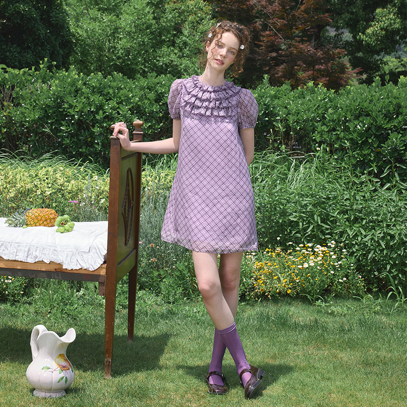 Perpearl26 Summer Original Design “Aidina” Purple Plaid Ramie Chest Layered Lace Straight Dress