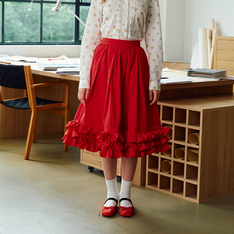 Perpearl26 Autumn Original "Jenny" Red Pleated Multi-Layered Lace Puffy Mid-Length Skirt