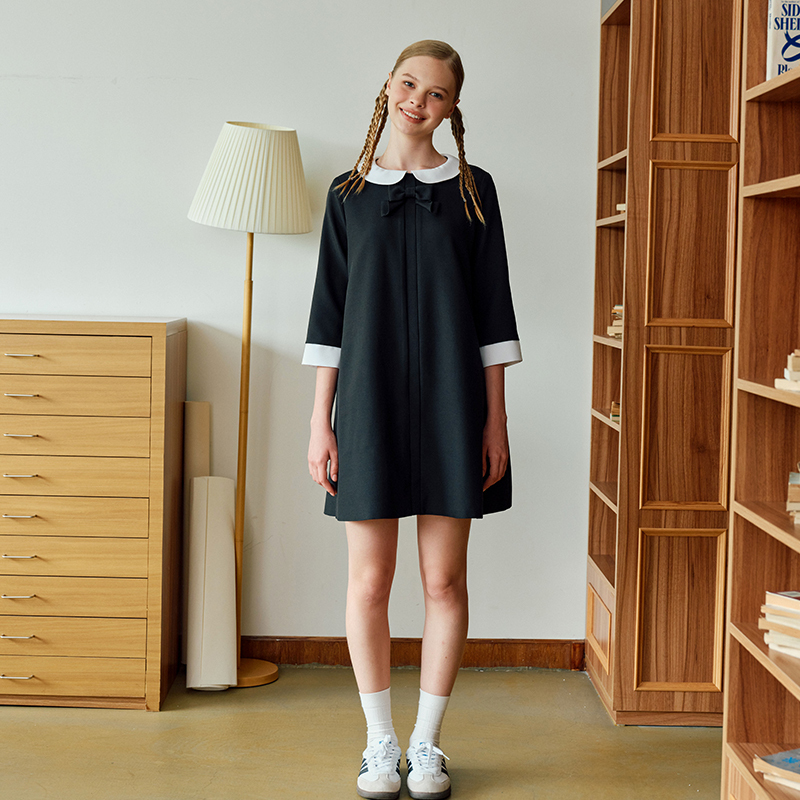 Perpearl26 Autumn Original "Sasha" Black Bow Three-Quarter Sleeve Babydoll Dress Perpearl26 Autumn Original "Sasha" Black Bow Three-Quarter Sleeve Babydoll Dress