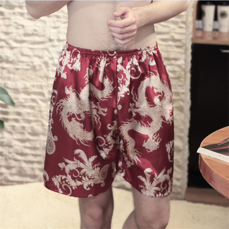 Men's Summer Thin Silk Casual Shorts, Five-Point Home Pants, Summer Ice Silk Satin Dragon Pattern Large Shorts