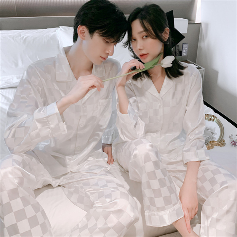 Classic White Plaid Couple Pajamas for Women, Spring, Autumn and Summer, High-End Ice Silk Wedding Men's Home Wear Set