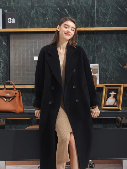 2025 new double-sided cashmere coat for women mid-length high-end wool black wool wool hepburn jacket 101801