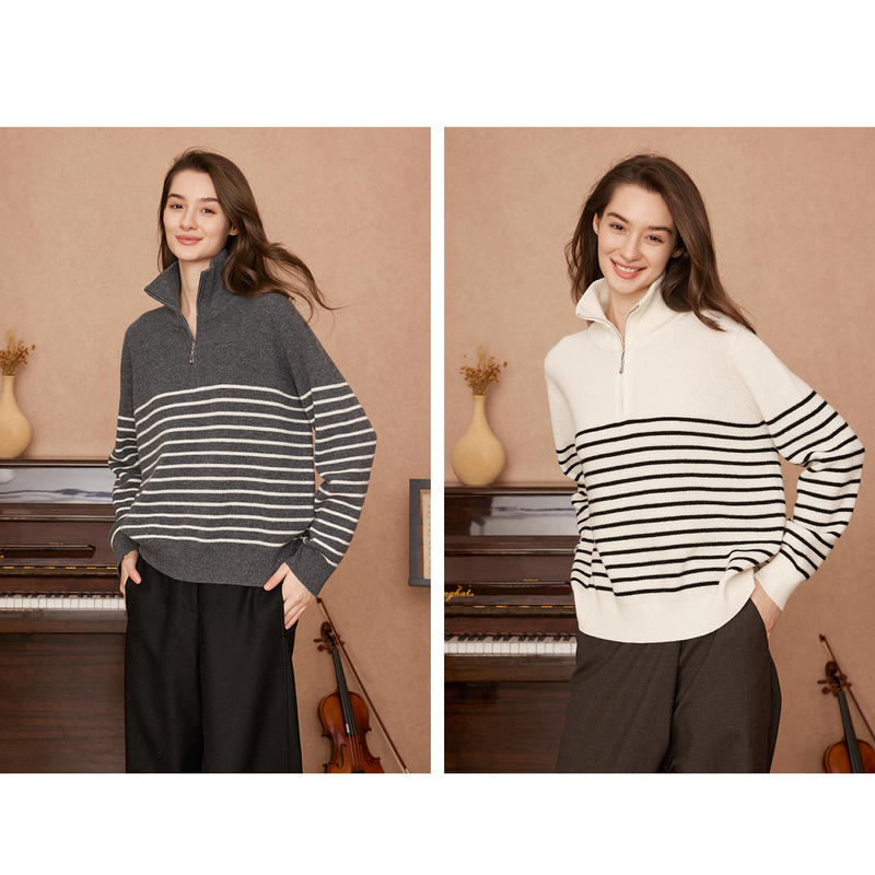 Stylish and Elegant, with a Sense of Design, Striped Stand-Up Collar, Zipper, Simple Merino Wool Knitwear, Cashmere Cardigan Stylish and Elegant, with a Sense of Design, Striped Stand-Up Collar, Zipper, Simple Merino Wool Knitwear, Cashmere Cardigan