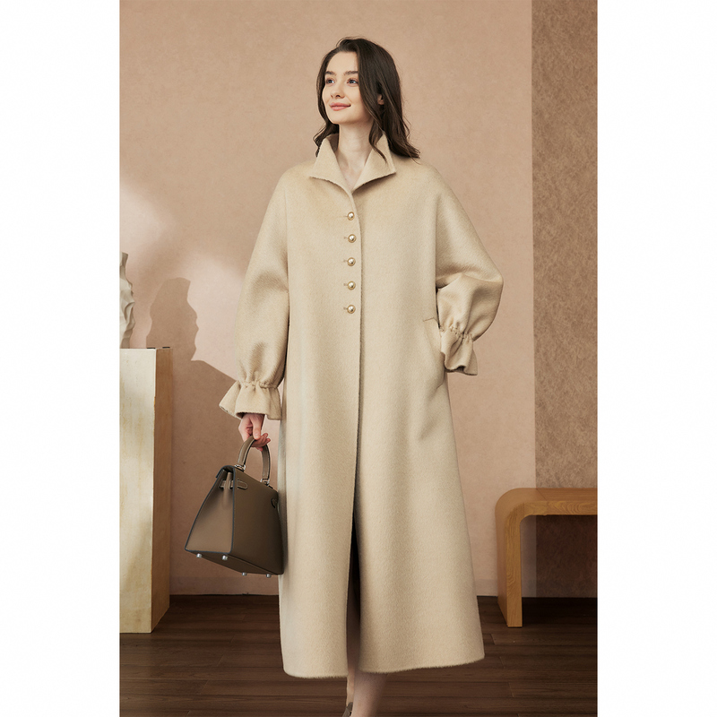 Autumn and Winter Lazy Style High-End Double-Sided Pure Camel Wool Coat for Women, Mid-Length Oatmeal Color Simple Design Woolen Coat