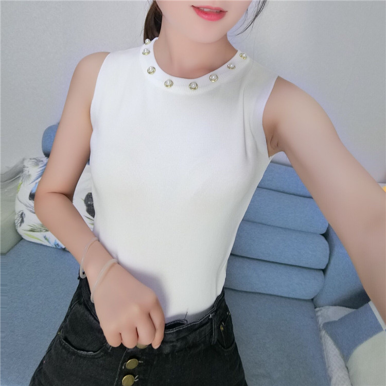 Ngọt ngào đính cườm kim cương tròn cổ băng lụa đan dây đeo Nữ mùa hè mỏng không tay chạm đáy áo ngắn đoạn váy đầm đẹp