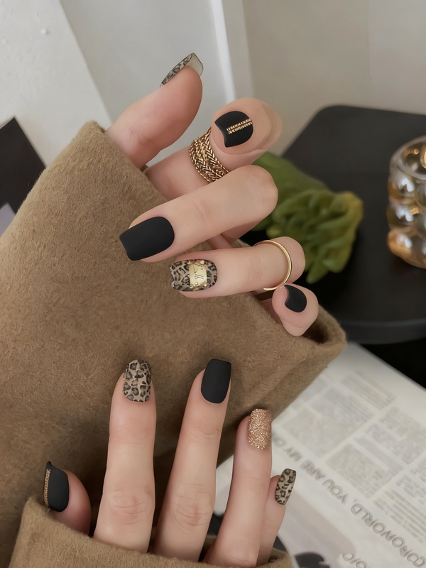 Handmade Matte Black Leopard Print Chain, Same Style as on Xiaohongshu, Niche High-End Feel, Autumn and Winter, Brightening Short Nail Art