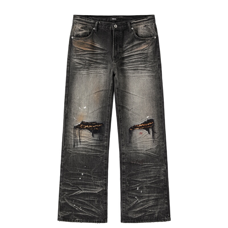 Voidless Retro Wasteland Gradient Washed Jeans Men's Ripped Fringed Splatter Pleated Flared Wide-Leg Pants Voidless Retro Wasteland Gradient Washed Jeans Men's Ripped Fringed Splatter Pleated Flared Wide-Leg Pants