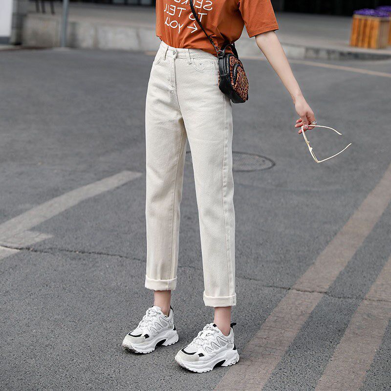 2021 summer new beige pants women's loose casual Korean straight pants dad Luo Radian Harun jeans