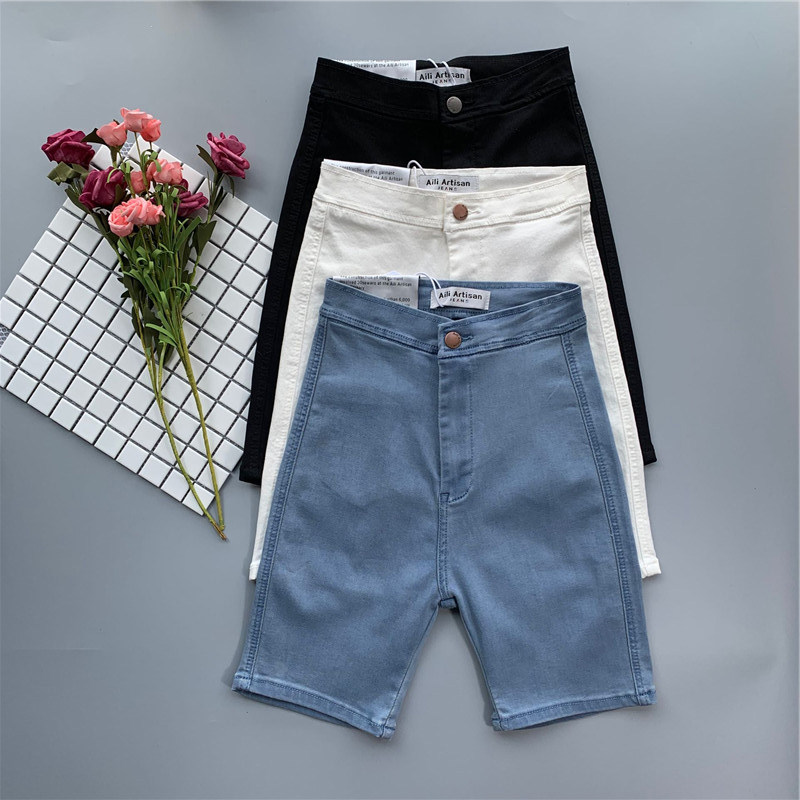 New blue five-point pants women's jeans summer thin high waist tight stretch five-point pants white riding pants