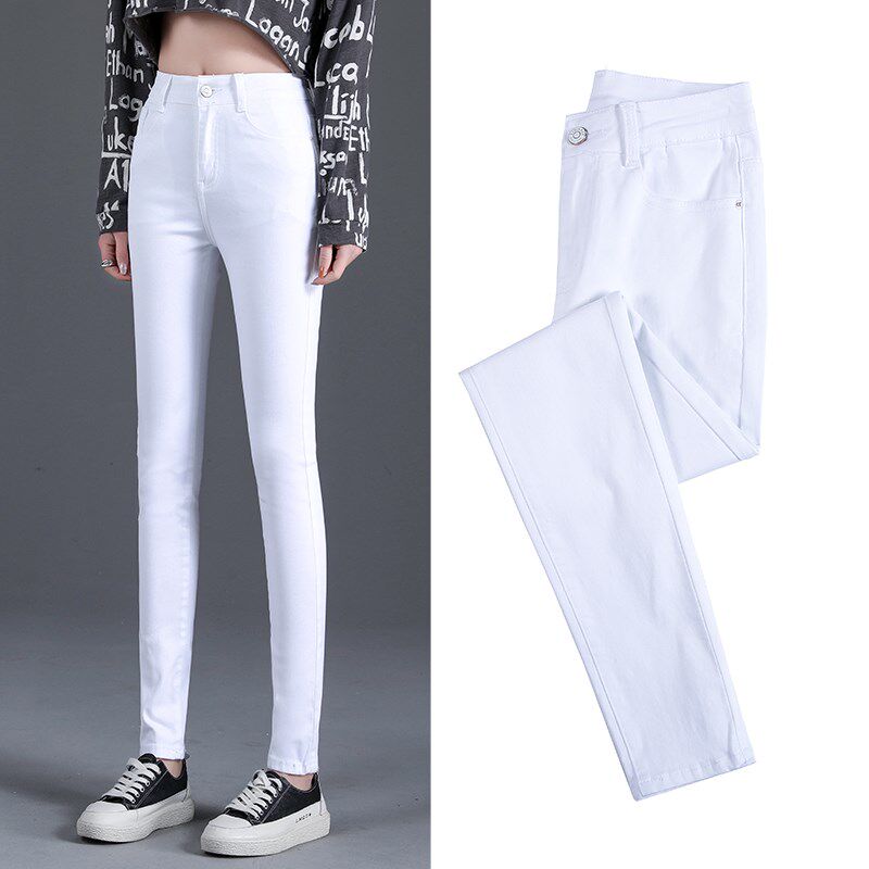 2022 autumn Korean version of white jeans women's high-waisted elastic tight-fitting thin pencil nine-point pants trousers trendy