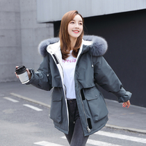 Boomer down clothes 2022 Winter new ladies overcome loose big code white duck suede big fur collar closeted waist jacket