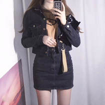 Denim Suit Woman Sashimi Retro short Jeans Jacket Short Jacket Korean version High waist elastic bag Hip Denim Short Skirt