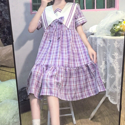 taobao agent Genuine design Japanese navy purple colored dress, high waist, with short sleeve