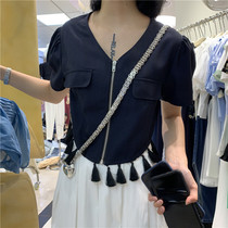 Guangzhou APM New V collar short shirt women 2021 summer design sense zipper tassel edge short sleeve top 21305