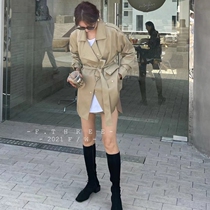 F THREE autumn harbor style retro khaki short windbreaker loose tie belt waist thin coat women 83052