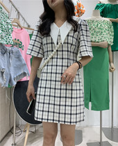 DVZ plaid dress 2021 summer new little skinny A- line dress doll head collar waist skirt 9566