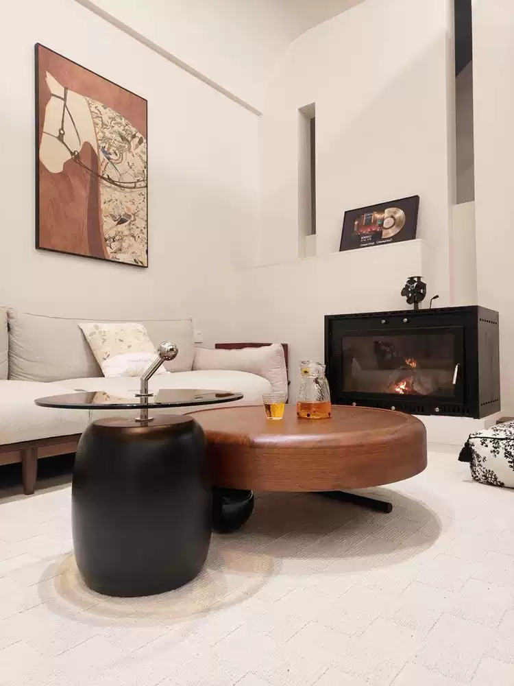 意式极简圆形组合客厅家用实木中古轻奢高级感2025新款茶几