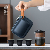 Zhen Qiguo Cup Anti-hot ceramics a pot of three cups glass portable travel kung fu tea set set home simple