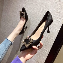 Spring and Autumn 2021 New Net Red Rhinestone High Heels Womens Thin Heel Pointed Soft Leather No Grinding Feet Black Temperament Single Shoe