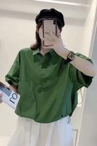 Shaoyin Wang Mengjie Clothing firm 2021 summer new cuff elastic drawstring pullover bean green shirt Women