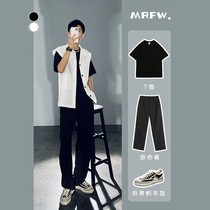 (Suit) summer thin sleeveless shoulder vest jacket mens loose jerk handsome top with ice silk mop pants