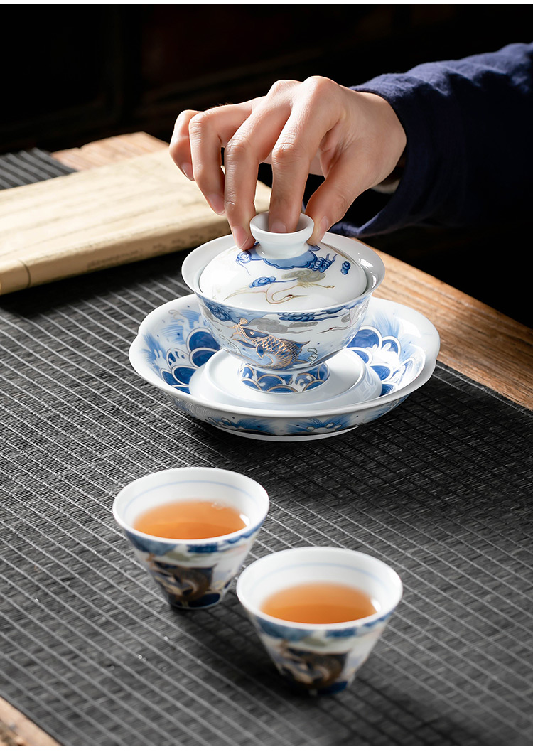 Pole element | arowana ceramic tureen blue and white porcelain cups three only three of the bowl bowl large cup of kung fu tea set